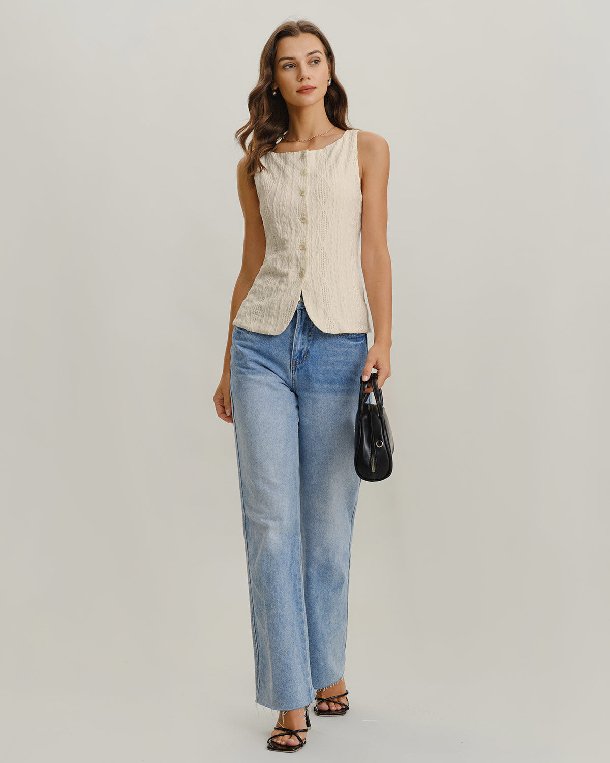 Bej Tekne Yaka Düğmeli Tank Top