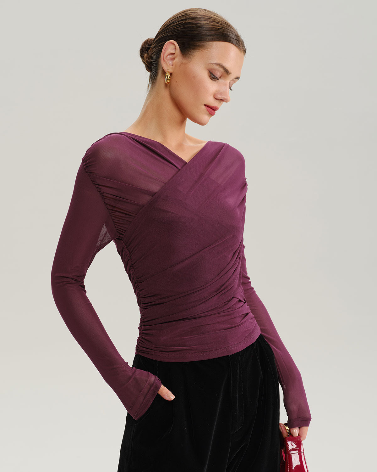 Şarap Kırmızısı V Yaka İnce Örgü