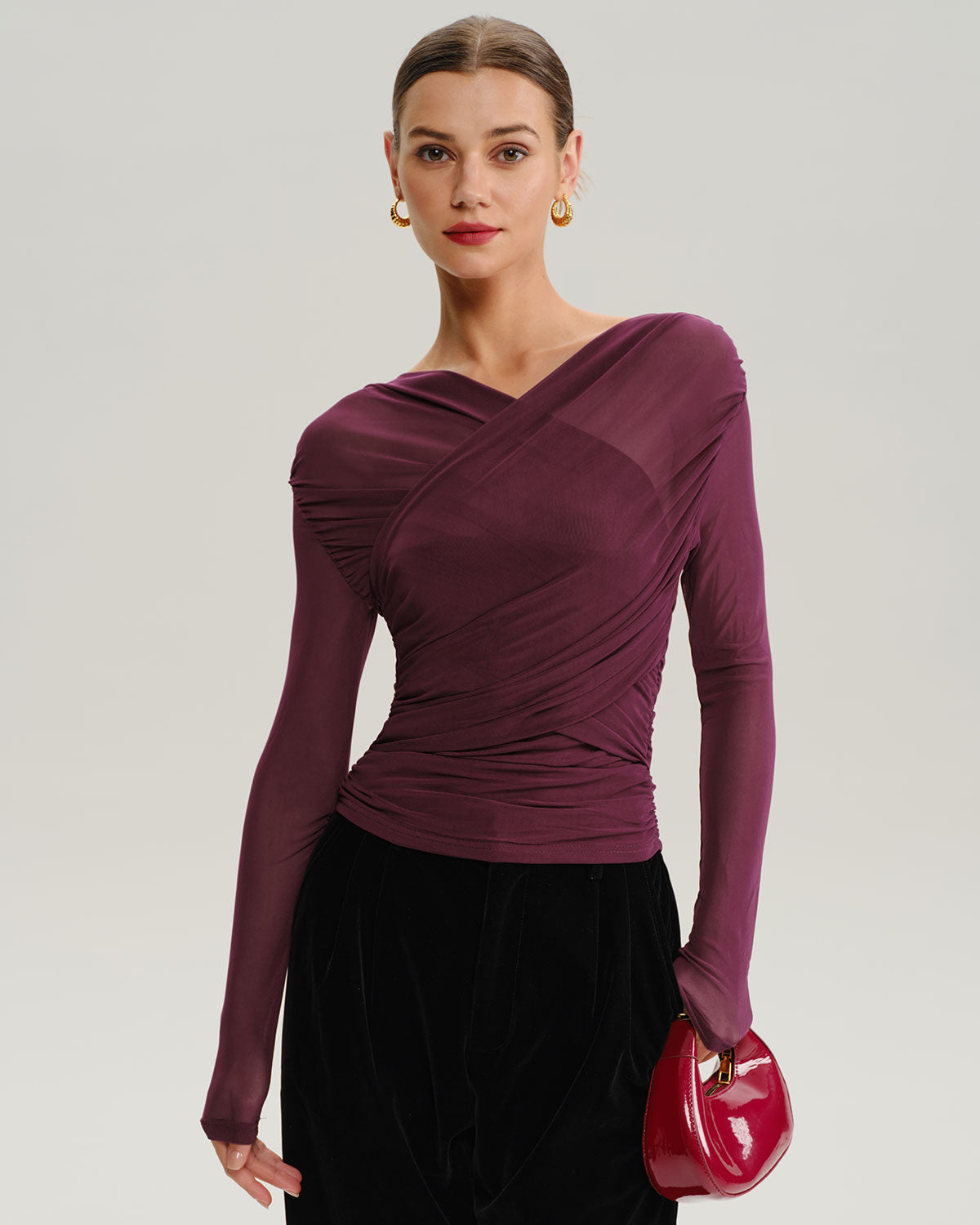 Şarap Kırmızısı V Yaka İnce Örgü