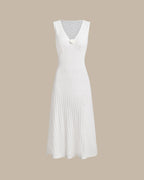 Bej Kolsuz Pileli Midi Elbise