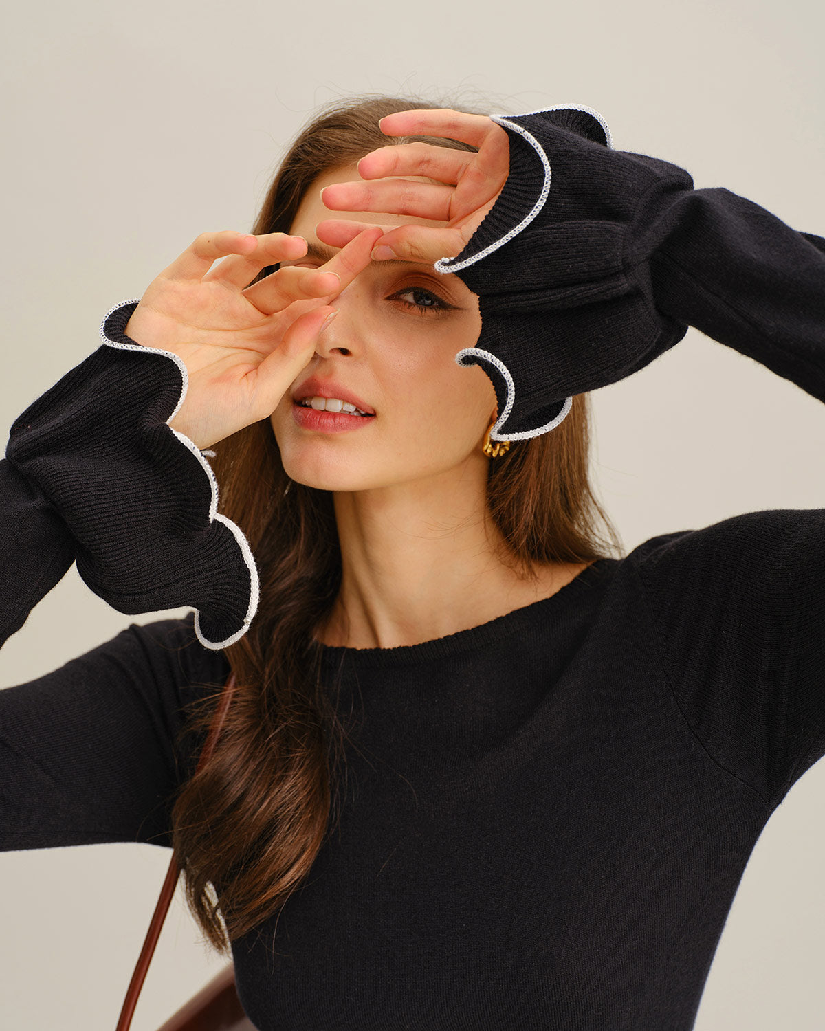 Siyah Kontrast Çan Kollu Örgü Kazak Elbise