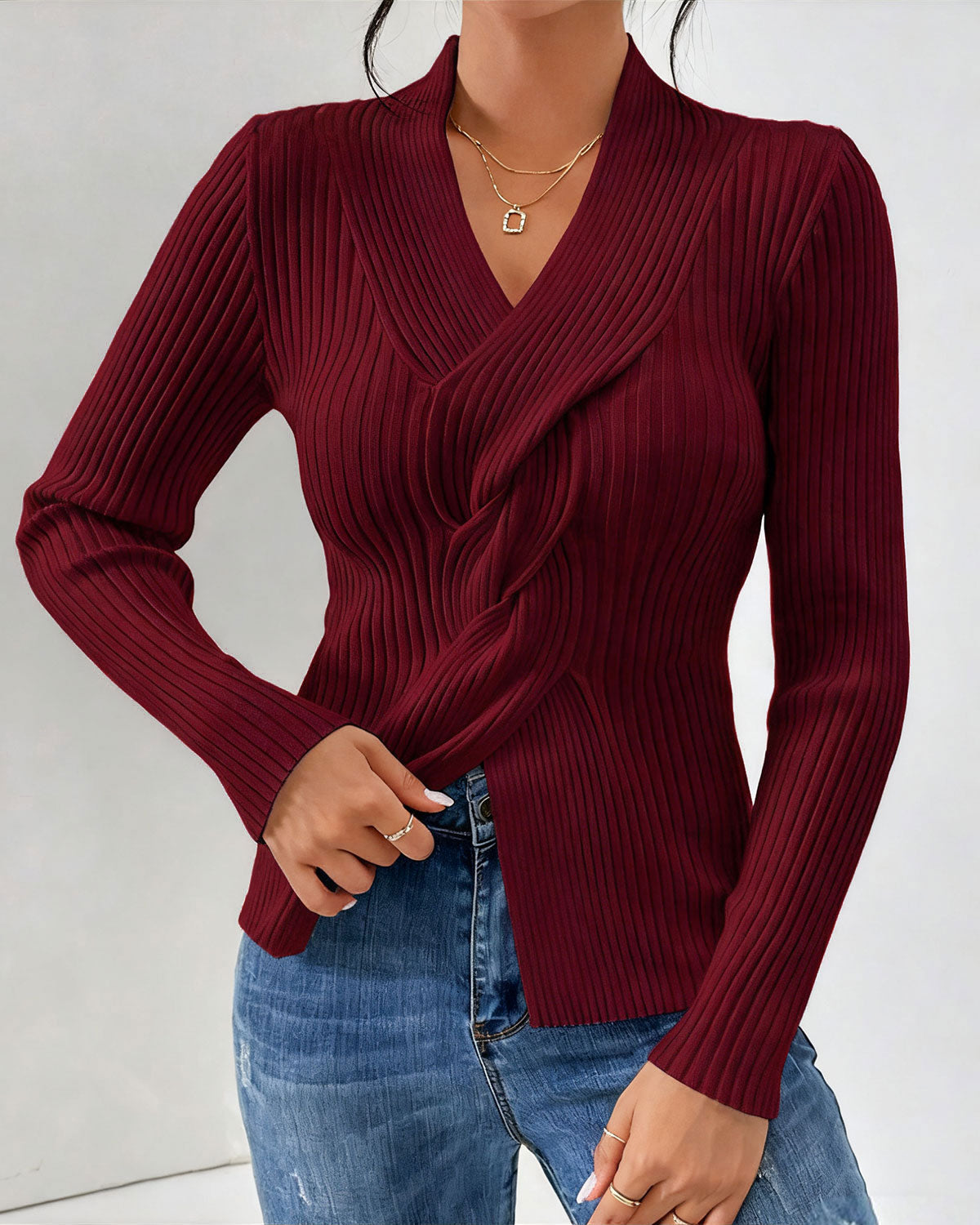 Şarap Kırmızısı V Yaka Bükümlü Örgü Kazak