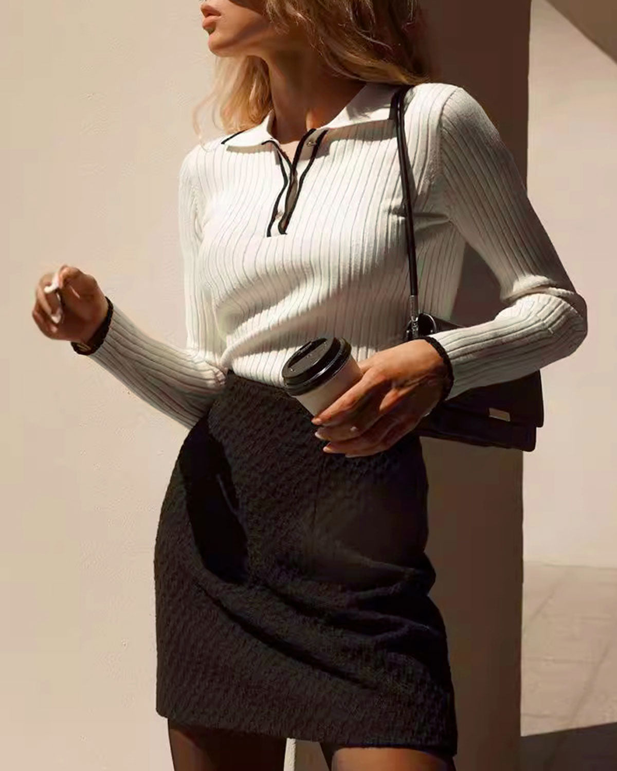 Beyaz Kontrastlı Örgü Kazak