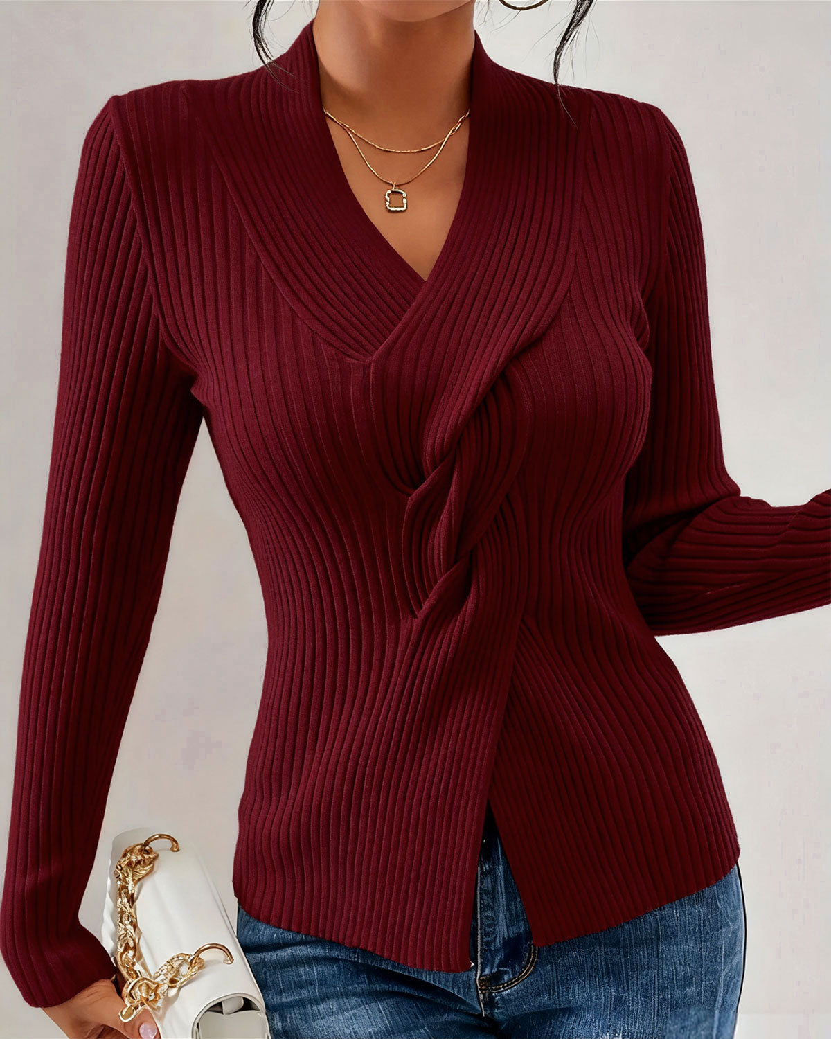 Şarap Kırmızısı V Yaka Bükümlü Örgü Kazak