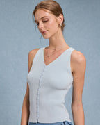 Mavi V Yaka Düğmeli Örgü Atlet