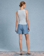 Mavi V Yaka Düğmeli Örgü Atlet