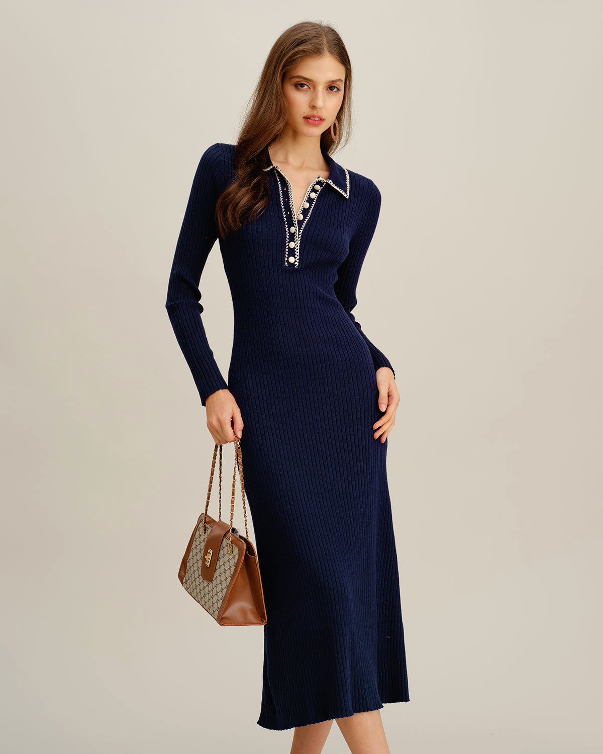 Mavi Kontrast Düğmeli Kazak Elbise