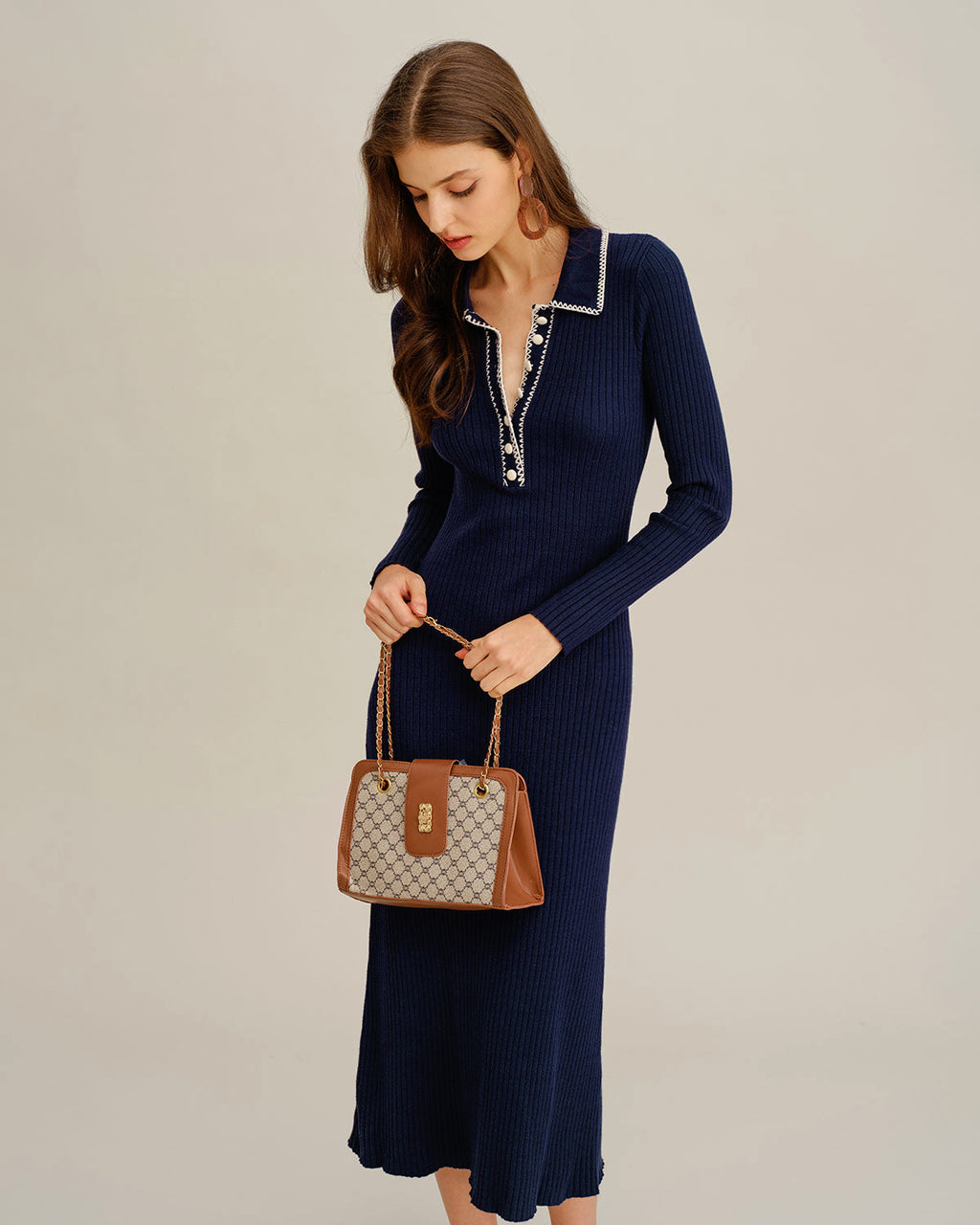 Mavi Kontrast Düğmeli Kazak Elbise