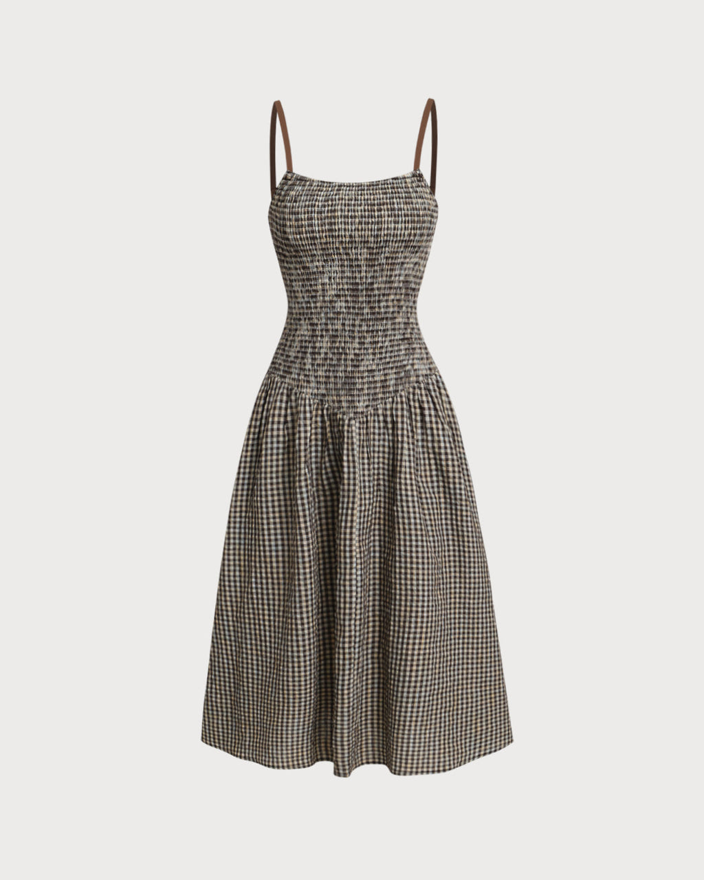 Kahverengi Ekose Büzgülü Slip Midi Elbise