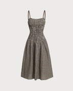 Kahverengi Ekose Büzgülü Slip Midi Elbise