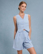 Mavi V Yaka Yelek Şort İki Parça Takım