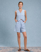 Mavi V Yaka Yelek Şort İki Parça Takım