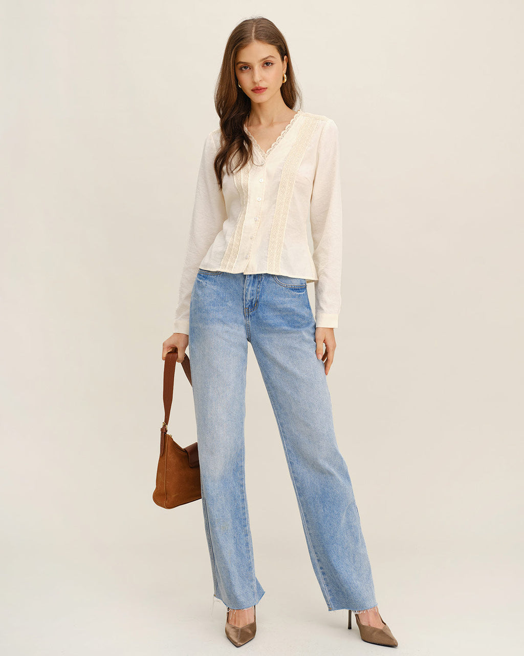 Kayısı Rengi V Yaka Dantel Gömlek