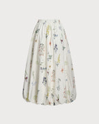 Bej Çiçekli Bel Cepli Midi Etek