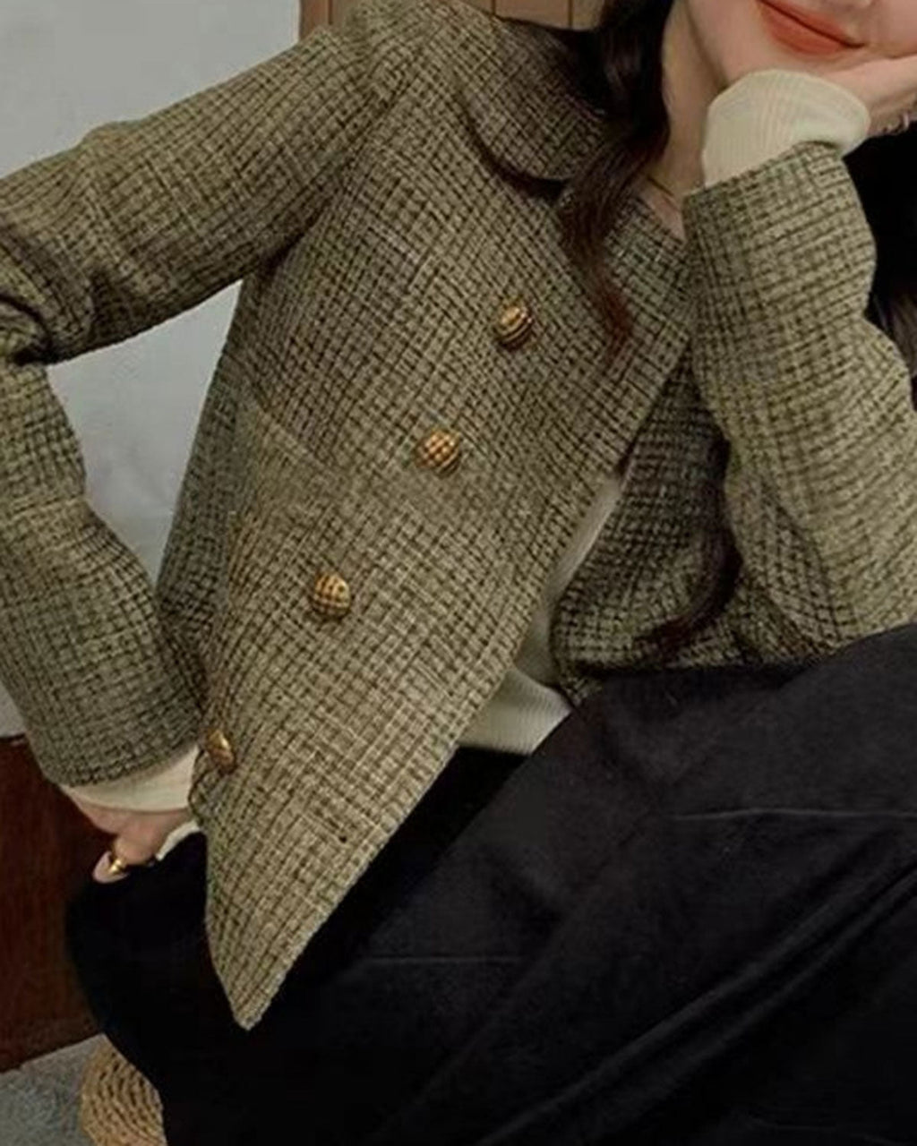 Yeşil Ekose Düğmeli Ceket