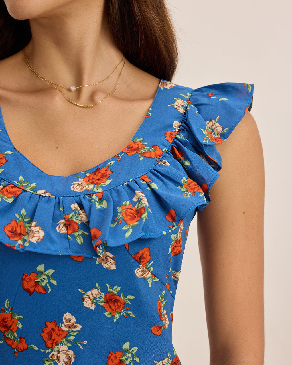 Mavi Çiçekli Volanlı Kolsuz Maksi Elbise