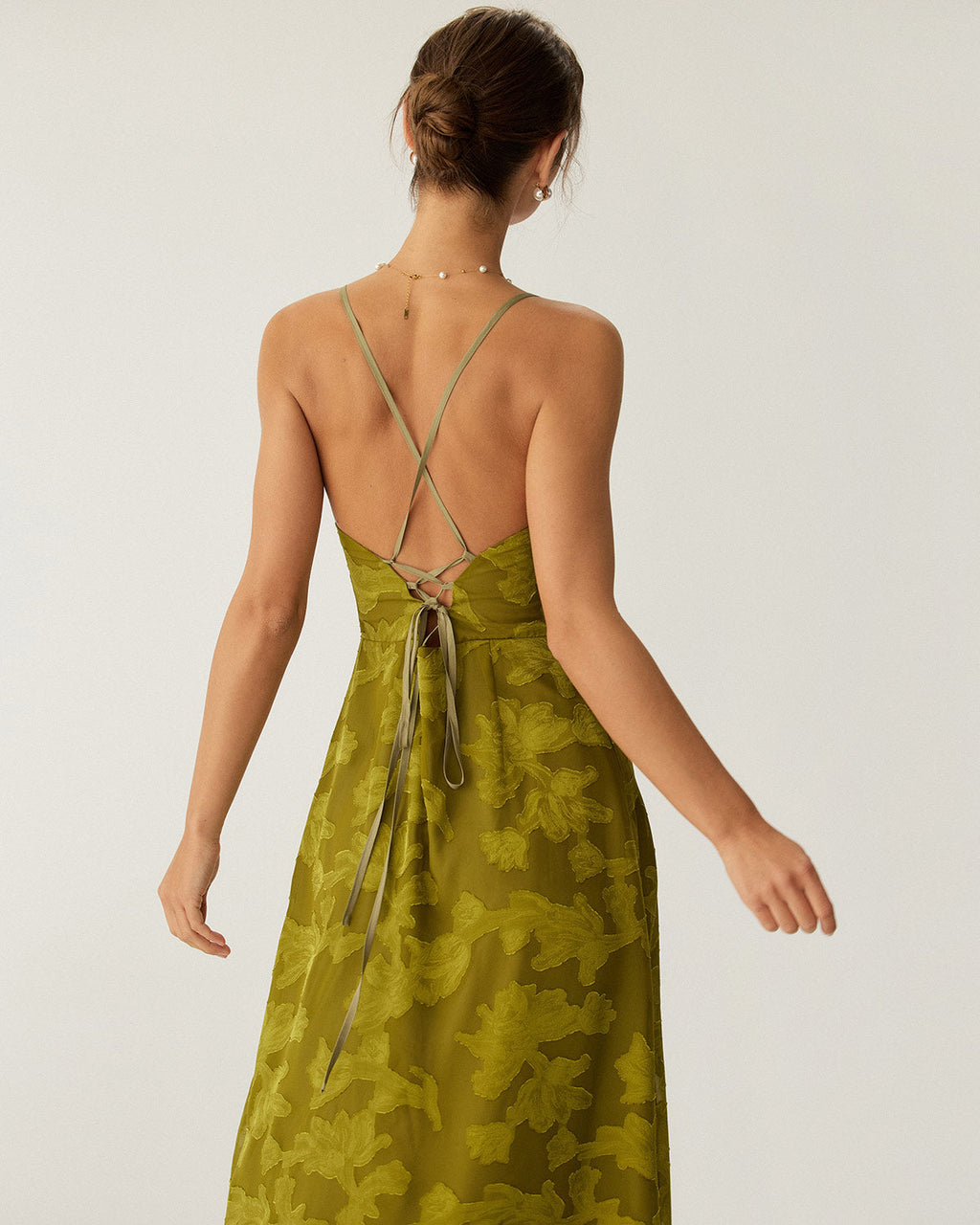 Yeşil Çiçekli Dantelli Sırtı Açık Slip Maxi Elbise