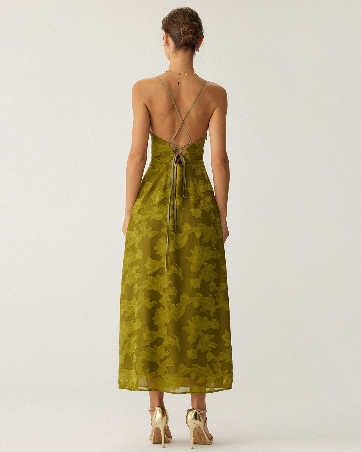 Yeşil Çiçekli Dantelli Sırtı Açık Slip Maxi Elbise