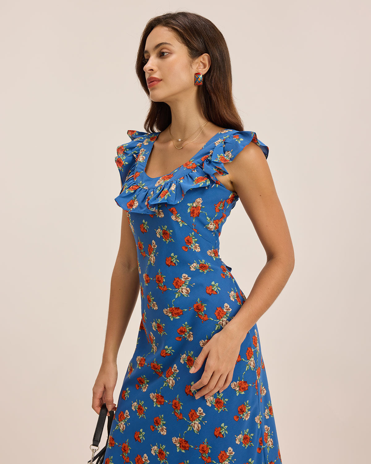 Mavi Çiçekli Volanlı Kolsuz Maksi Elbise