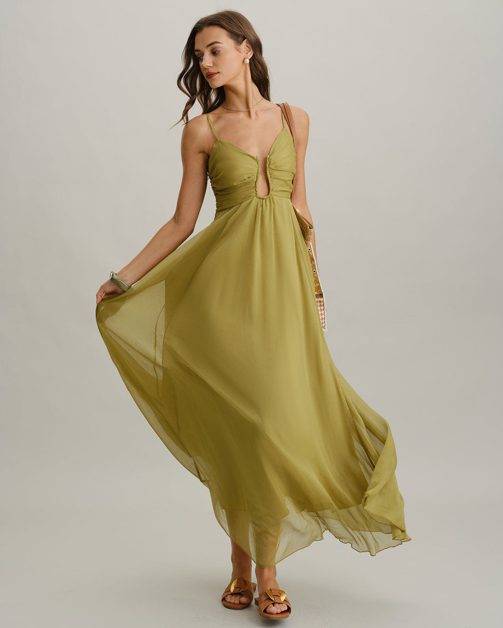 Yeşil Flowy Slip Maxi Elbise