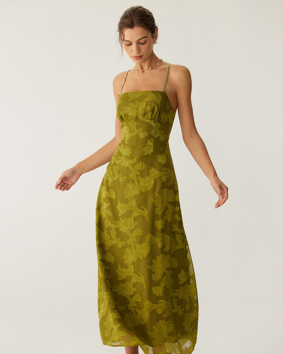 Yeşil Çiçekli Dantelli Sırtı Açık Slip Maxi Elbise