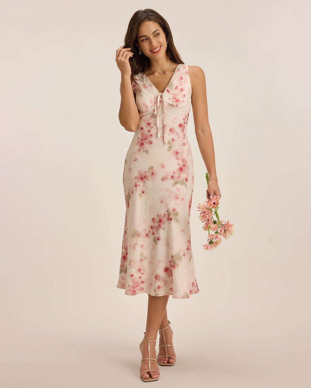 Pembe Çiçekli Kıvrımlı Kolsuz Maksi Elbise