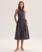 Siyah Çiçekli Büzgülü Sırtı Açık Midi Elbise