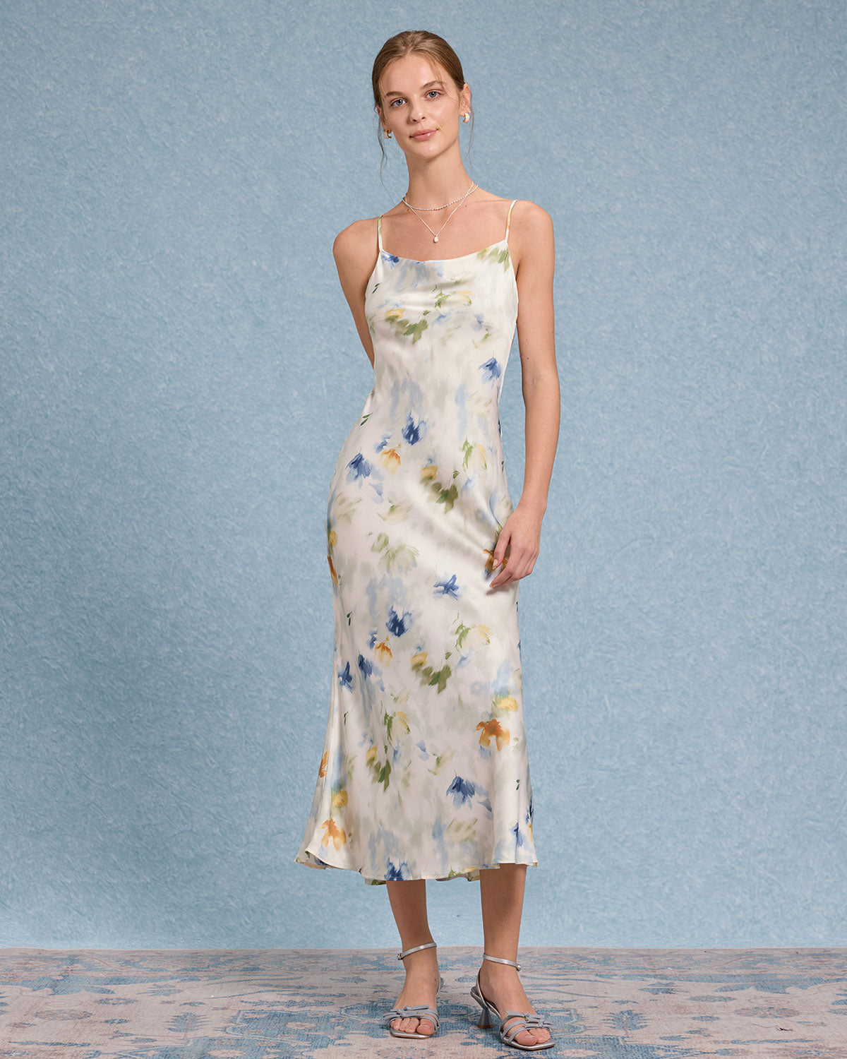 Mavi Çiçekli Denizkızı Slip Midi Elbise