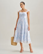 Mavi Çiçekli Kalp Yaka Askılı Midi Elbise