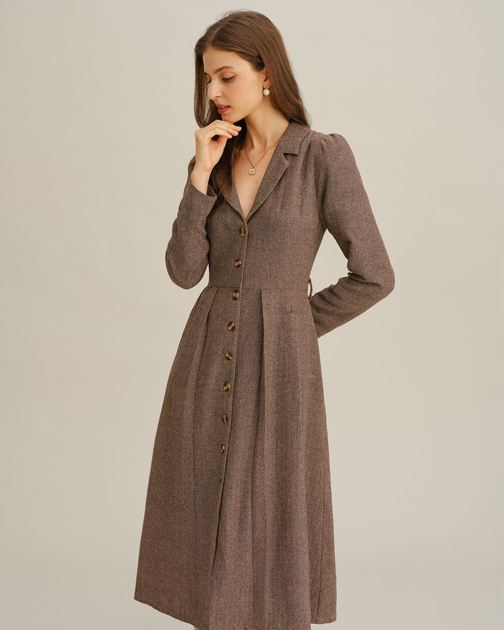 Kahverengi A-Line Pileli Midi Elbise