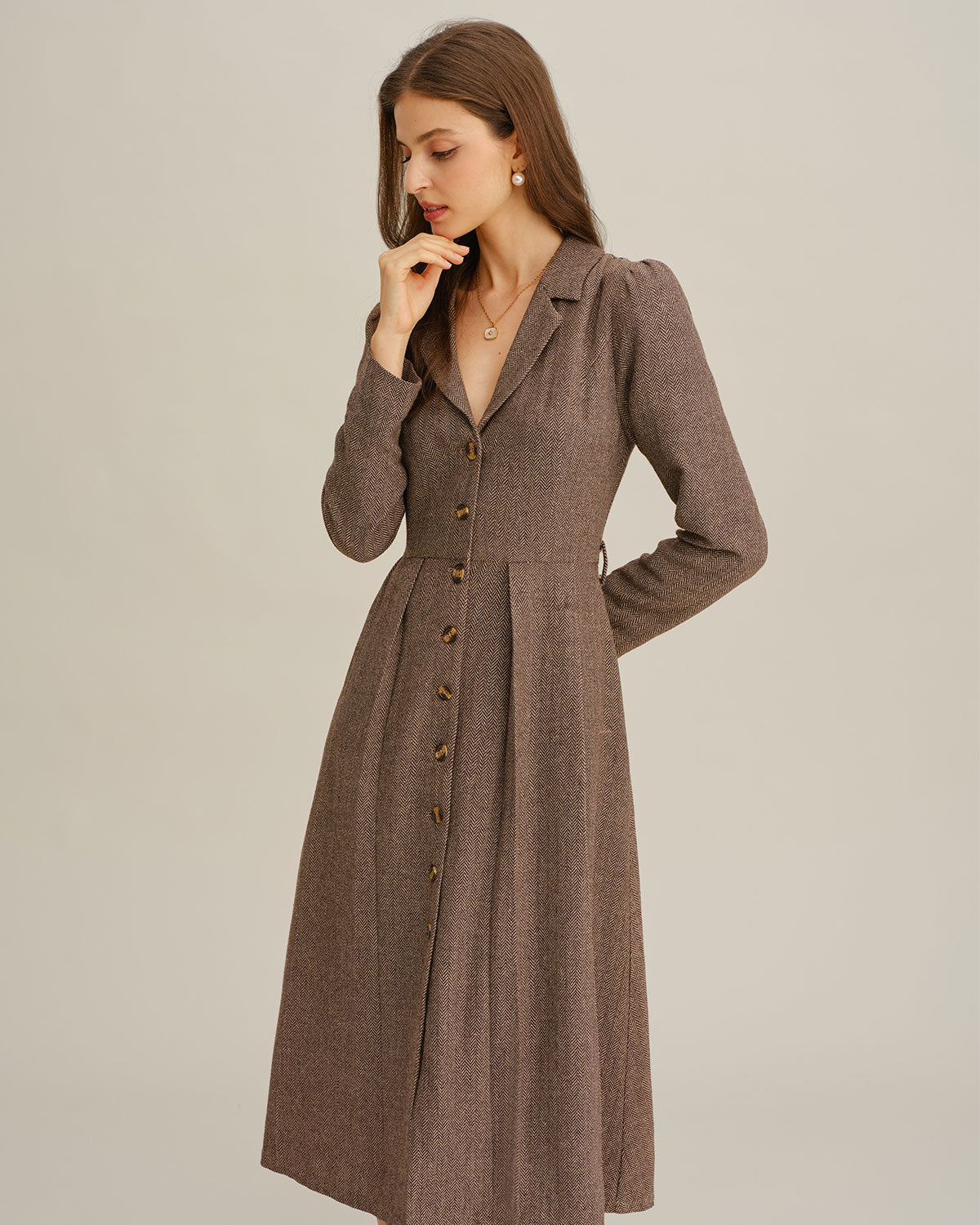 Kahverengi A-Line Pileli Midi Elbise