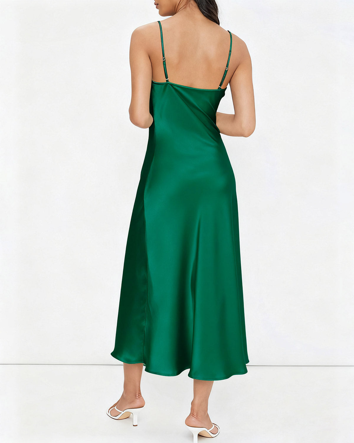 Yeşil Saten A-Line Slip Midi Elbise