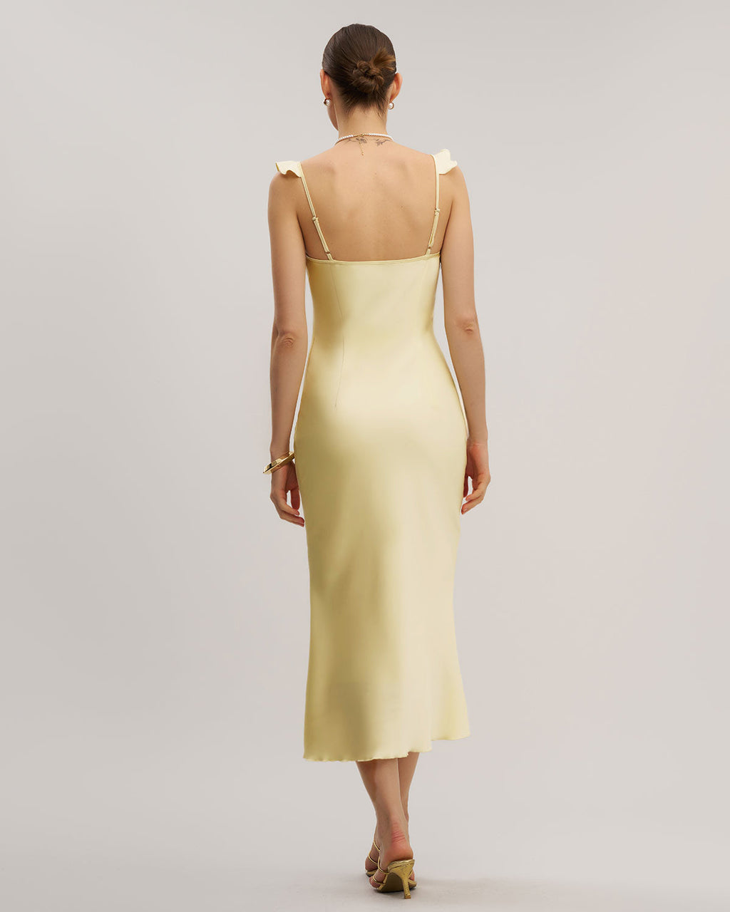 Sarı V Yaka Fırfırlı Denizkızı Midi Elbise