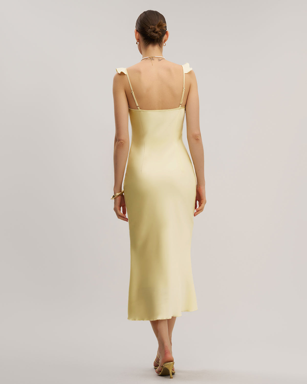 Sarı V Yaka Fırfırlı Denizkızı Midi Elbise