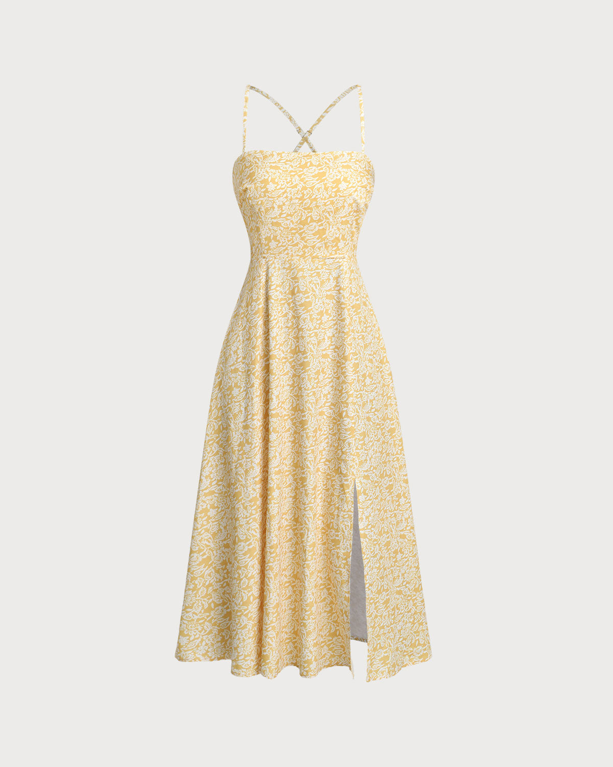 Sarı Çiçekli Sırtı Açık Slip Midi Elbise