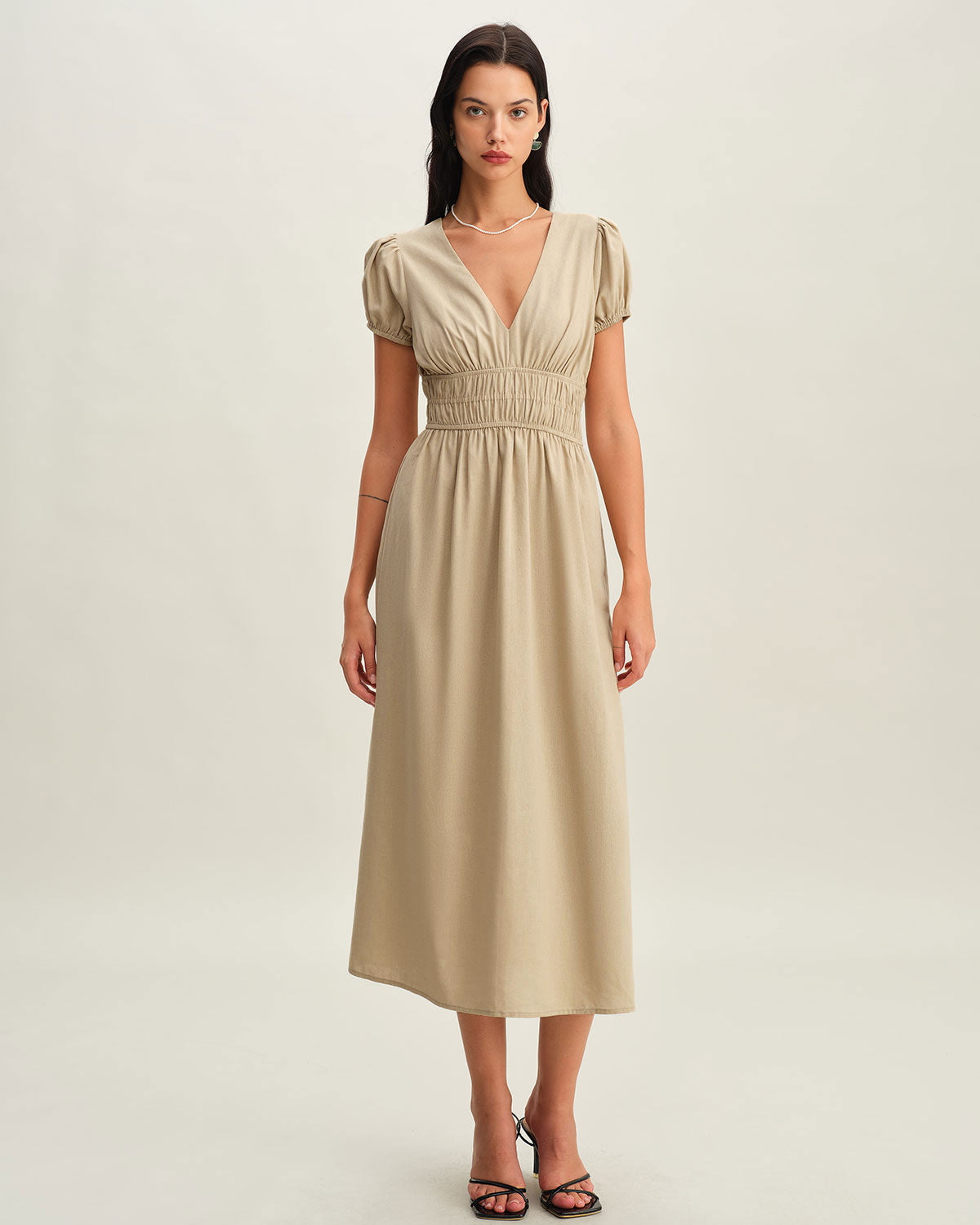 Bej Kıvrımlı Kabarık Kollu Midi Elbise