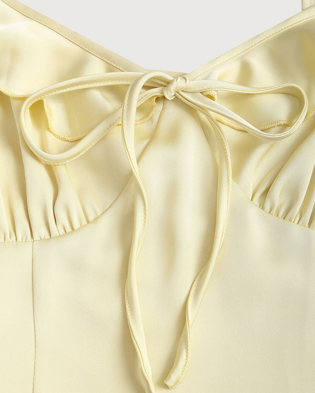 Sarı V Yaka Fırfırlı Denizkızı Midi Elbise