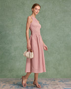 Kırmızı Kareli Büzgülü Kolsuz Midi Elbise