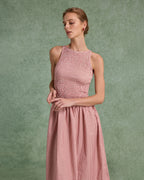 Kırmızı Kareli Büzgülü Kolsuz Midi Elbise