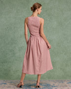 Kırmızı Kareli Büzgülü Kolsuz Midi Elbise