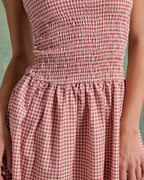 Kırmızı Kareli Büzgülü Kolsuz Midi Elbise