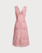 Pembe Çiçekli V Yaka Kolsuz Midi Elbise