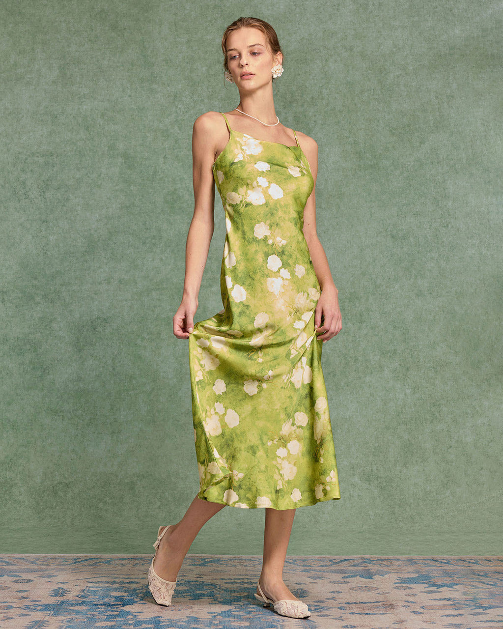 Yeşil Çiçekli A Kesim Midi Elbise