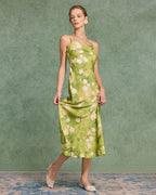 Yeşil Çiçekli A Kesim Midi Elbise