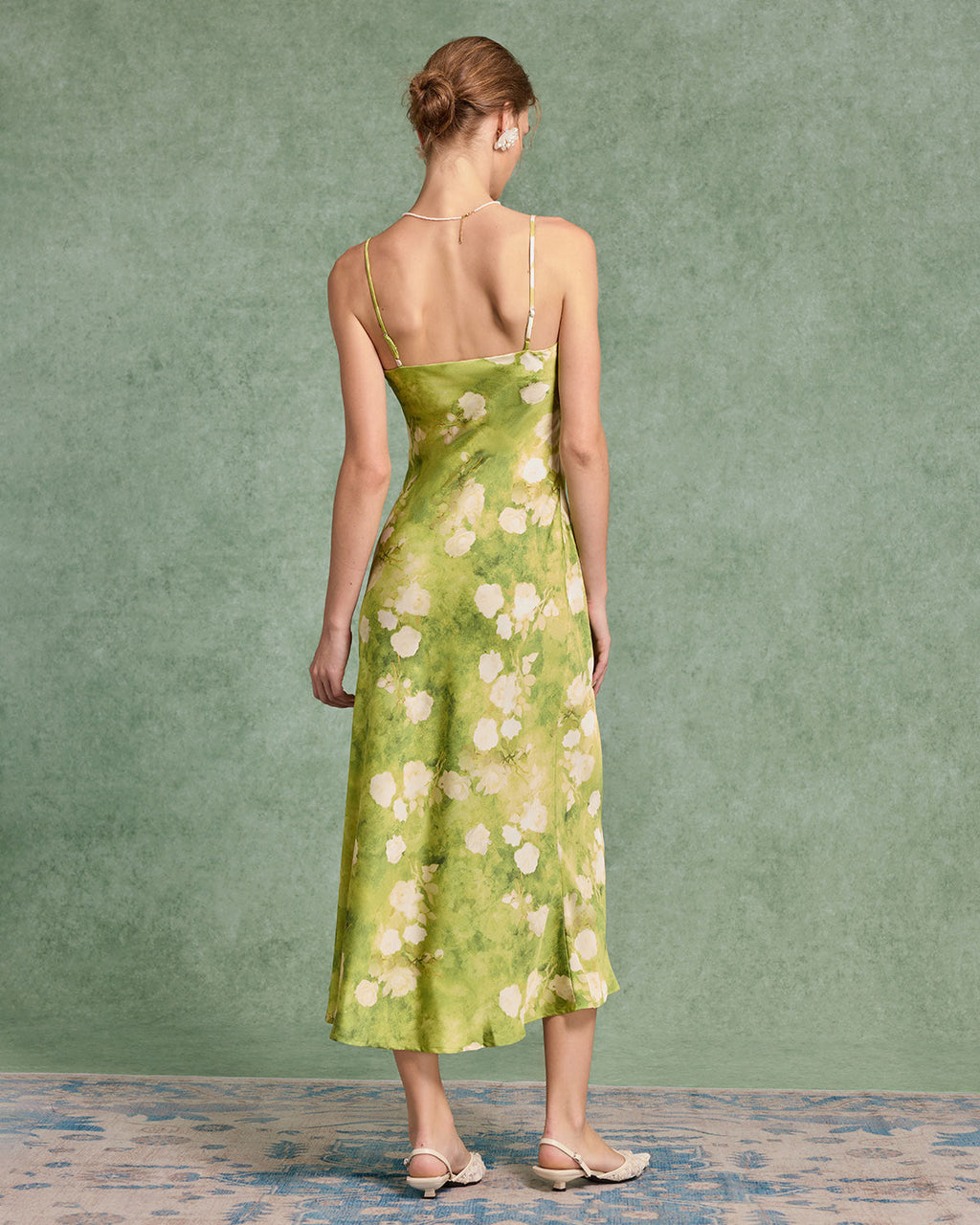 Yeşil Çiçekli A Kesim Midi Elbise