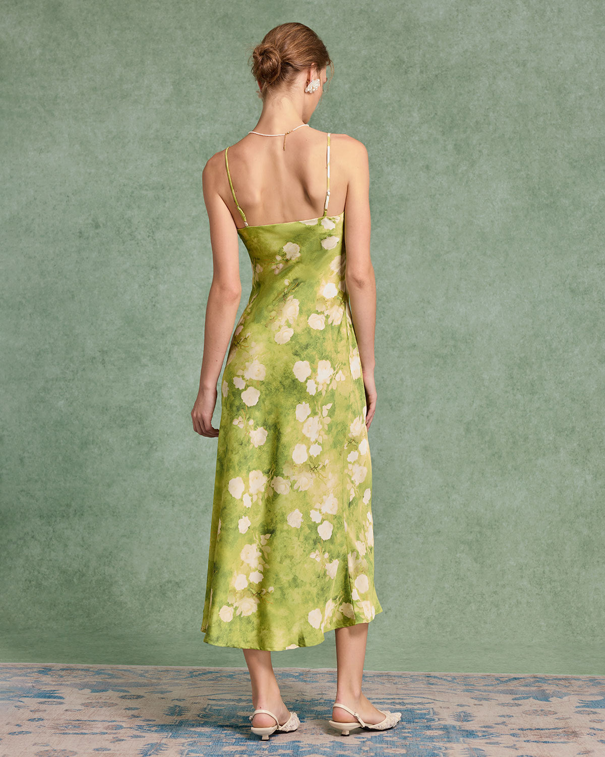 Yeşil Çiçekli A Kesim Midi Elbise