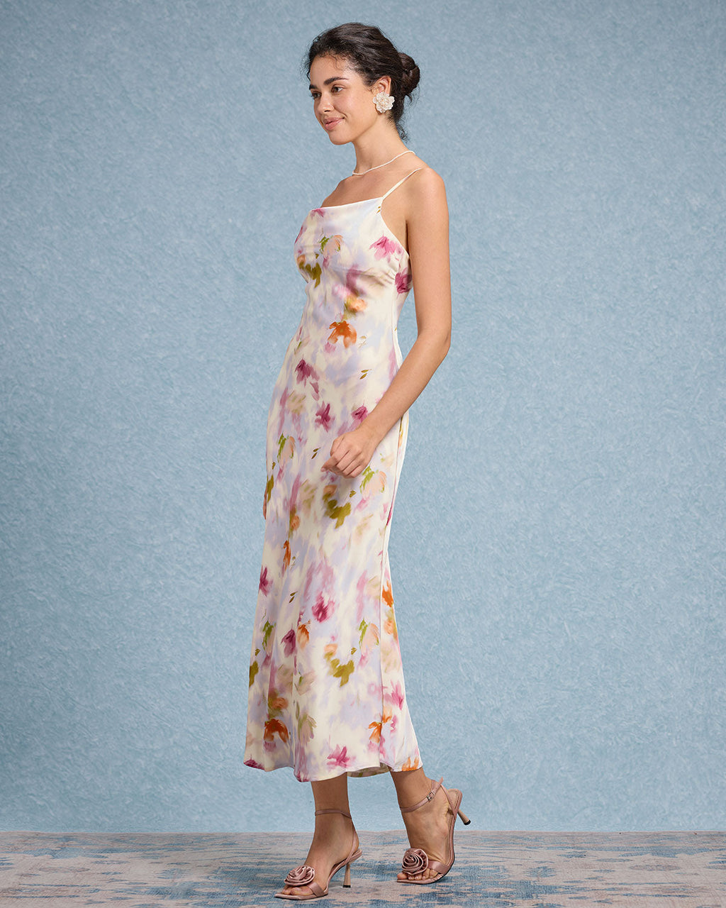 Pembe Çiçekli Denizkızı Slip Midi Elbise