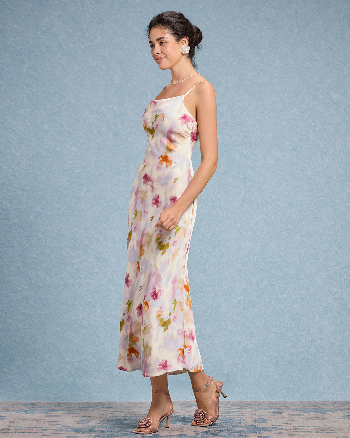 Pembe Çiçekli Denizkızı Slip Midi Elbise