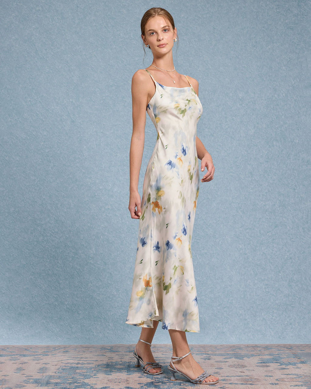 Mavi Çiçekli Denizkızı Slip Midi Elbise