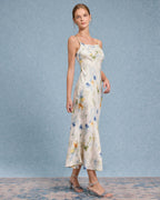 Mavi Çiçekli Denizkızı Slip Midi Elbise